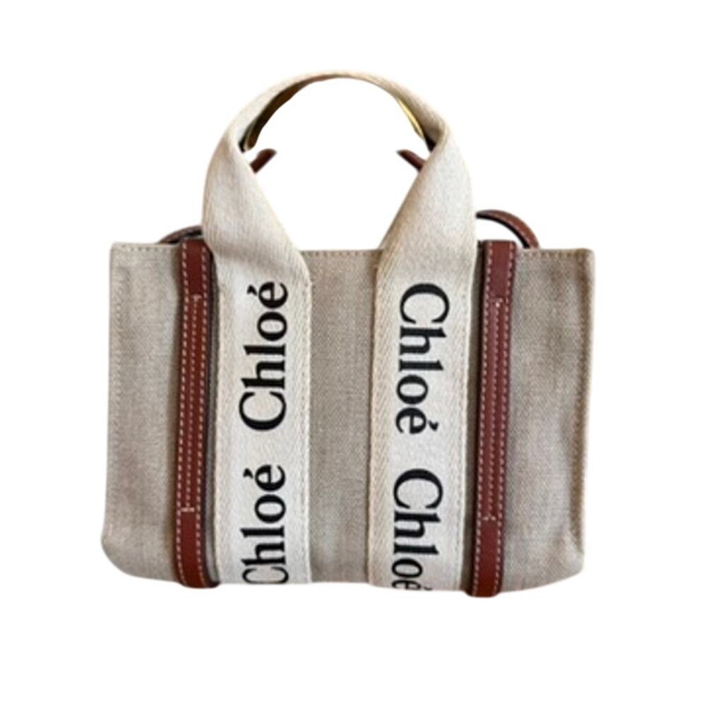 Chloe Mini Woody Tote White & Brown Linen Canvas Pre-Owned | Retail $880 - Picture 2 of 10